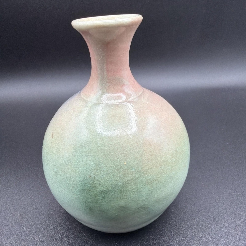 Handmade 5" Weed Bud Vase Signed VTG Studio Art Pottery Vase Blue Pink Green